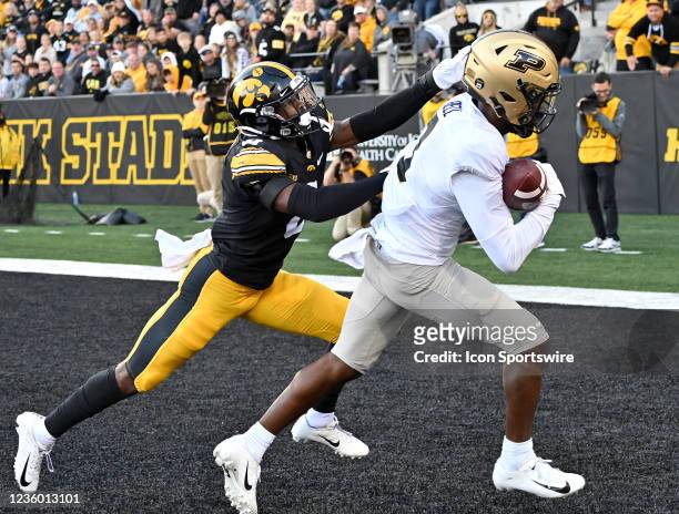 Purdue wide receiver David Bell scores after catching a pass in the fourth quarter during a college football game between the Purdue University...