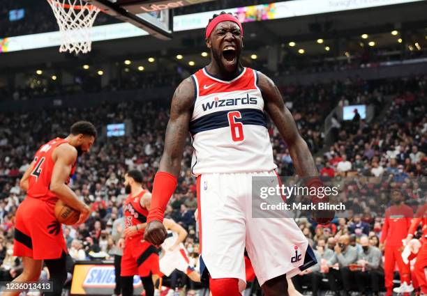 Montrezl Harrell of the Washington Wizards celebrates in the first half during a basketball game against the Toronto Raptors at Scotiabank Arena on...