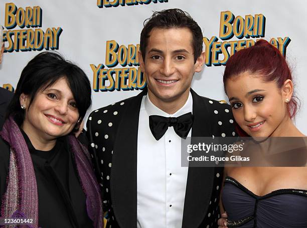 Joan Grande, Producer Frankie James Grande and sister Ariana Grande pose at The Opening Night of "Born Yesterday" on Broadway at The Cort Theatre on...