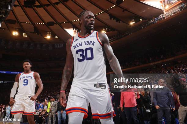 Julius Randle of the New York Knicks celebrates against the Boston Celtics on October 20, 2021 at Madison Square Garden in New York, New York. NOTE...