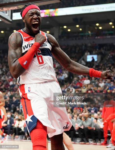 Montrezl Harrell of the Washington Wizards celebrates during the first half of their basketball game against the Toronto Raptors at Scotiabank Arena...