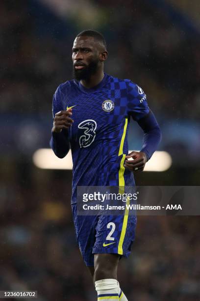 Antonio Rudiger of Chelsea during the UEFA Champions League group H match between Chelsea FC and Malmo FF at Stamford Bridge on October 20, 2021 in...