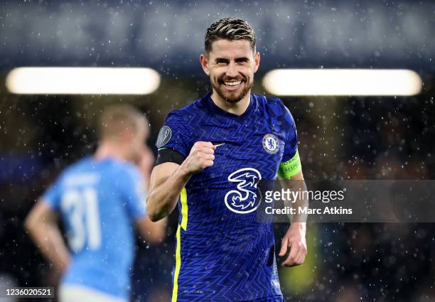 Jorginho of Chelsea celebrates during the UEFA Champions League group H match between Chelsea FC and Malmo FF at Stamford Bridge on October 20, 2021...