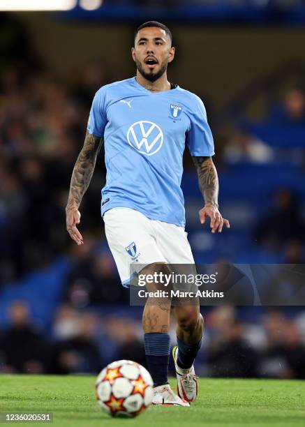 Sergio Pena of Malmo during the UEFA Champions League group H match between Chelsea FC and Malmo FF at Stamford Bridge on October 20, 2021 in London,...