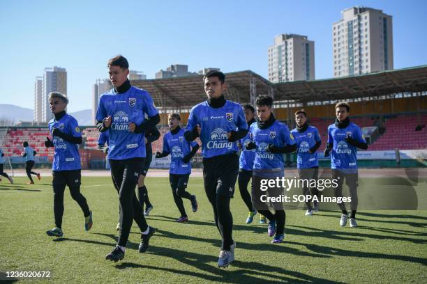 Thailand U-23 players seen jogging during a training session prior to the AFC U-23 Championship 2022 qualifying round in Mongolia on 21-31 October.