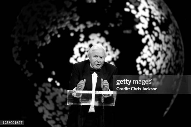 In this exclusive image released on October 21 David Attenborough speaks onstage during the Earthshot Prize 2021 at Alexandra Palace on October 17,...