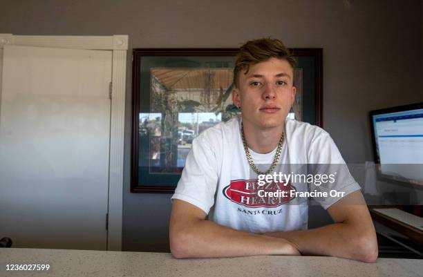 Portrait of Jake Crandall in the office at the Desert Moon Motel Oct. 14, 2021 in Las Vegas, CA. A 19-year-old self-described beatnik in his gap...