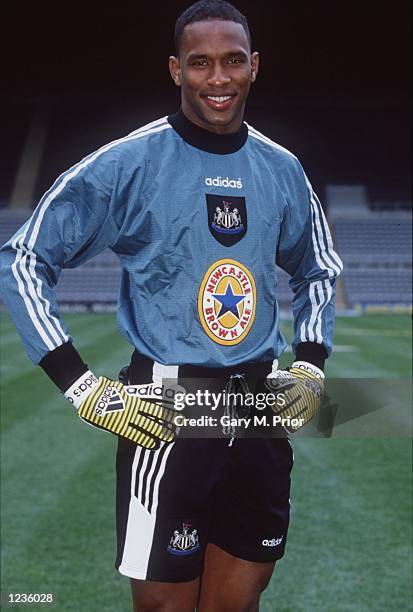 Newcastle goalkeeper Shaka Hislop shows off the new Home kit Mandatory Credit: Gary M. Prior/ALLSPORT