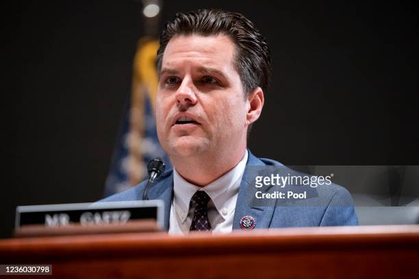Rep. Matt Gaetz questions U.S. Attorney General Merrick Garland at a House Judiciary Committee hearing at the U.S. Capitol on October 21, 2021 in...