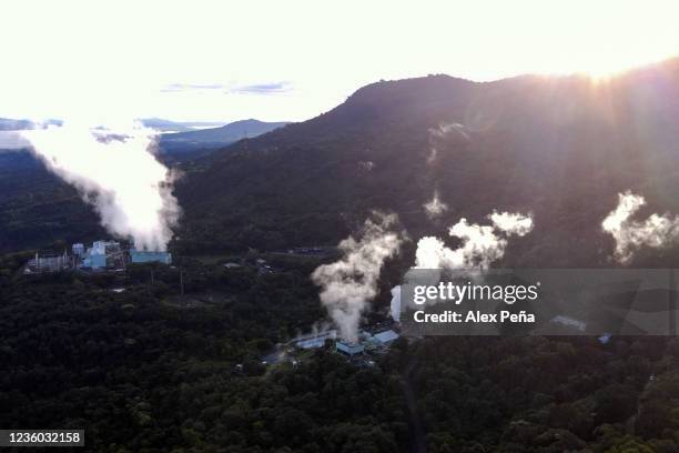 Aerial view of a geothermal energy extraction facility at La Geo Geothermal Power Plant on October 21, 2021 in Berlin, Usultan Department, El...
