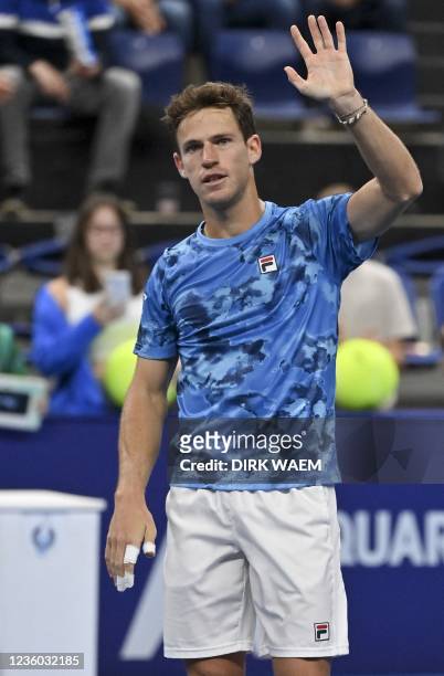 Argentina's Diego Schwartzman celebrates after his victory over British Andy Murray in their 1/8 finals of the European Open Tennis ATP tournament,...