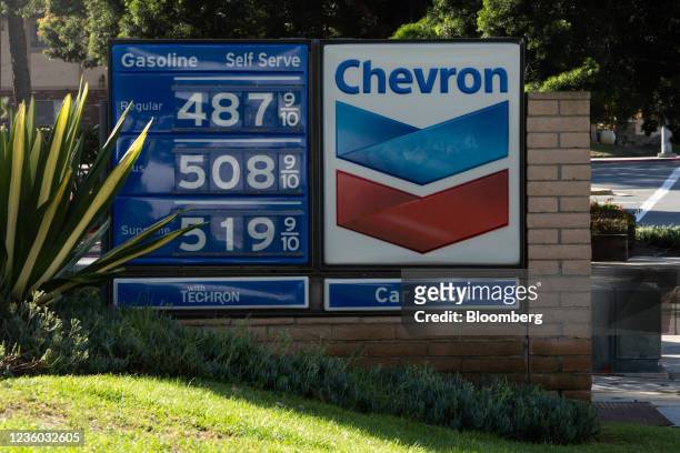 Fuel prices at a Chevron gas station in San Diego, California, U.S., on Thursday, Oct. 21, 2021. American drivers will continue to face historically...