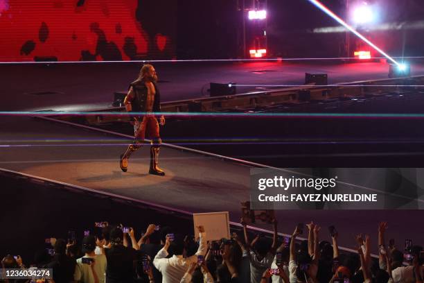 Edge arrives for his match during the World Wrestling Entertainment Crown Jewel pay-per-view in the Saudi capital Riyadh on October 21, 2021.