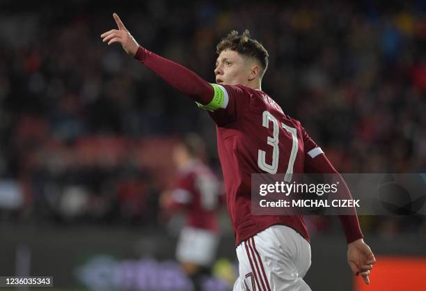 Sparta Praha's Czech midfielder Ladislav Krejci celebrates scoring during the UEFA Europa League group A football match between AC Sparta Praha and...