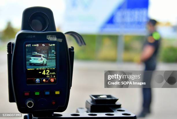 Speed radar detecting a vehicle at 42 km per hour at a police checkpoint. The Local Police of Vendrell Spain carries out speed controls by radar in...