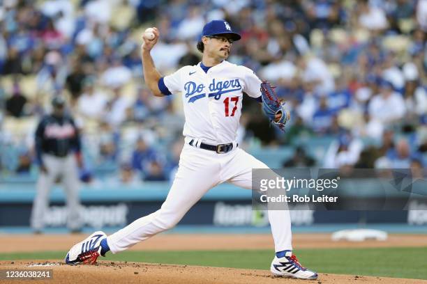 Joe Kelly of the Los Angeles Dodgers pitches in the first inning during Game 5 of the NLCS between the Atlanta Braves and the Los Angeles Dodgers at...