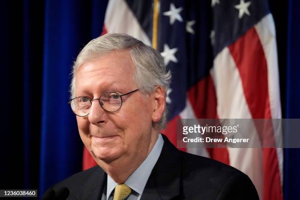 Senate Minority Leader Mitch McConnell speaks as he introduces Associate Supreme Court Justice Clarence Thomas at the Heritage Foundation on October...