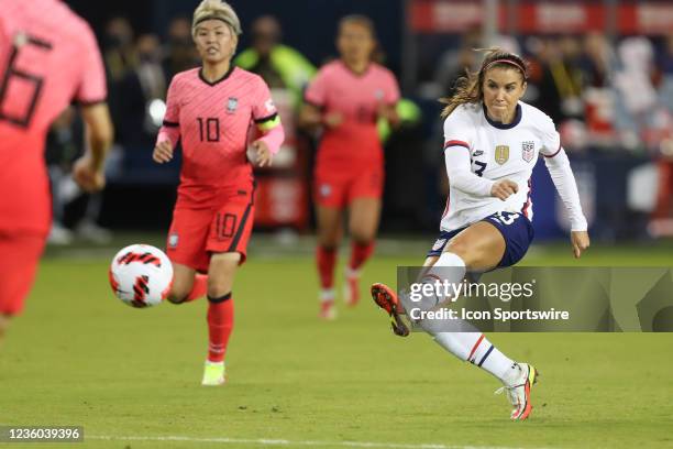 United States forward Alex Morgan takes a shot on goal in the first half of a friendly soccer match between Korea Republic and the United States on...