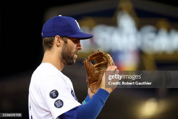 Los Angeles, CA Los Angeles Dodgers third baseman Chris Taylor stands on the field during the eighth inning in game five in the 2021 National League...