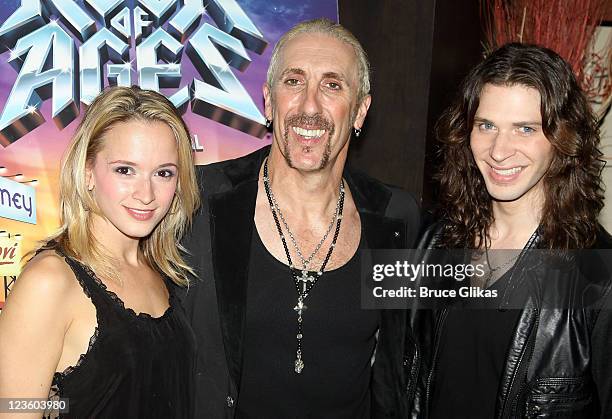 Emily Padgett, Dee Snider and Joey Taranto pose at The Opening Night Party for his debut in "Rock of Ages" on Broadway at The Glass House Tavern on...