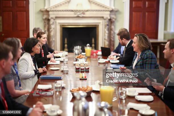 British International Trade Secretary Anne-Marie Trevelyan and U.S. Trade Representative Katherine Tai during a G7 trade summit at Mansion House on...