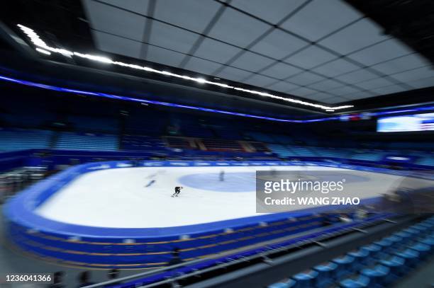 Skaters compete in the men's 1000m preliminaries during the 2021/2022 ISU World Cup Short Track, part of a 2022 Beijing Winter Olympic Games test...