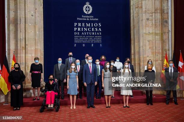 Spanish Crown Princess of Asturias Leonor, Spain's King Felipe VI, Spain's Queen Letizia and Spanish Princess Sofia pose for a group pictures with...