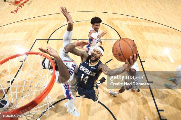 Brandon Ingram of the New Orleans Pelicans drives to the basket against the Philadelphia 76ers on October 20, 2021 at the Smoothie King Center in New...