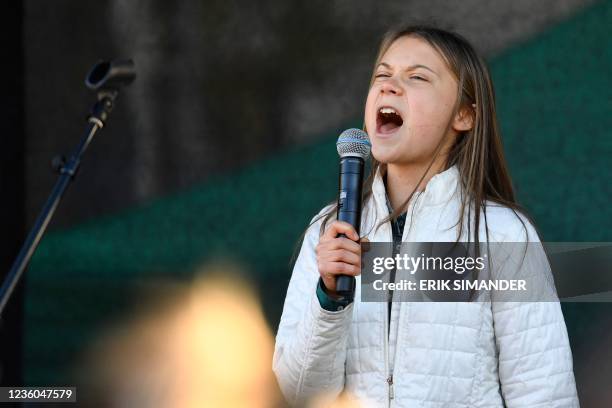 Swedish climate activist Greta Thunberg speaks during a climate strike demonstration of Fridays for Future in Stockholm, Sweden, on October 22, 2021....