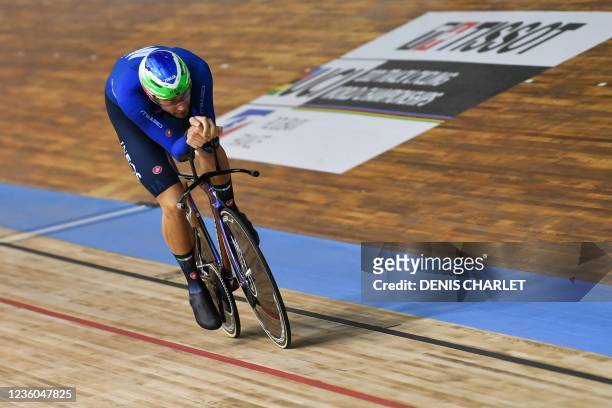 Italy's Filippo Ganna competes in the men's Individual Pursuit qualifying during the UCI Track Cycling World Championships at The Jean-Stablinski...