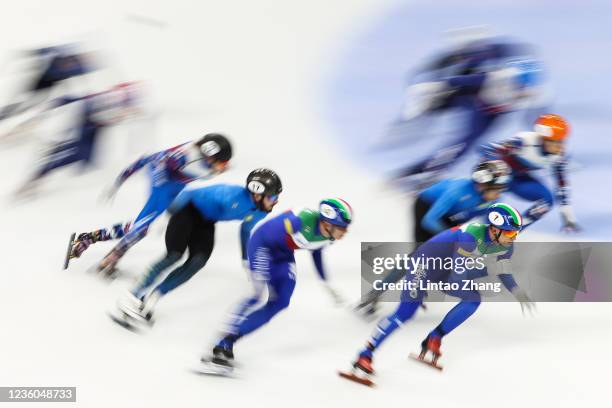 Pietro Sighel of Italy leads the pack competes in the Men's 5000 m Relay Quarterfinals on day two of 2021/2022 ISU World Cup Short Track test event...