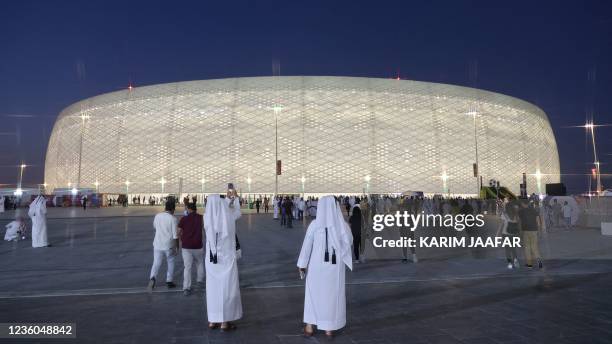 General view shows the exterior of the Al-Thumama Stadium in the capital Doha on October 22 ahead of the Amir Cup final football match between...