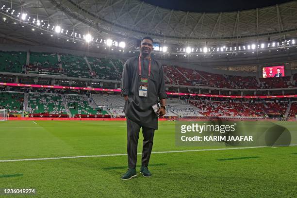 Former Cameroonian international footballer Samuel Eto'o poses for a picture ahead of the Amir Cup final football match between Al-Sadd and Al-Rayyan...
