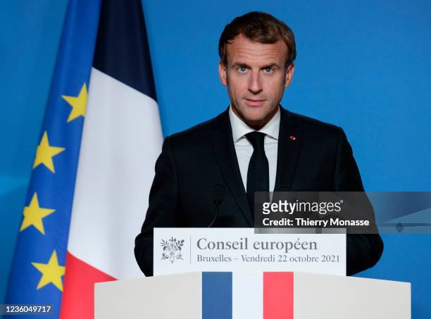 French President Emmanuel Macron speaks at of the second day of an EU Summit in the Justus Lipsius building, the EU Council headquarter on October...