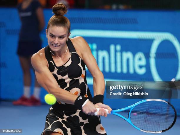 Maria Sakkari of Greece plays a shot against Simona Halep of Romania during on Day Five of the VTB Kremlin Cup at Central court of the Irina...