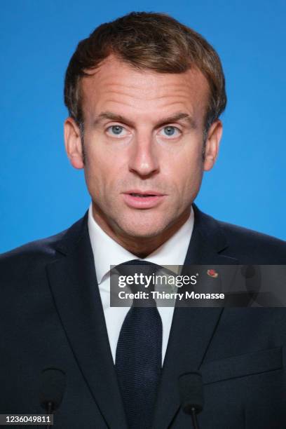 French President Emmanuel Macron speaks at of the second day of an EU Summit in the Justus Lipsius building, the EU Council headquarter on October...