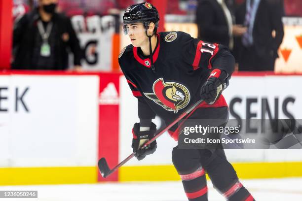 Ottawa Senators Center Shane Pinto during warm-up before National Hockey League action between the San Jose Sharks and Ottawa Senators on October 21...