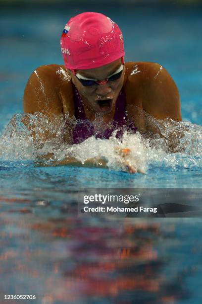 Yuliya Efimova of Russia competes in the Women's 100m Individual Breaststroke during day Two of the FINA Swimming World Cup Doha at Hamad Aquatic...