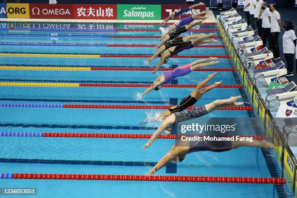 Players compete in the Women's 200m Individual Freestyle during day Two of the FINA Swimming World Cup Doha at Hamad Aquatic Centre on October 22,...