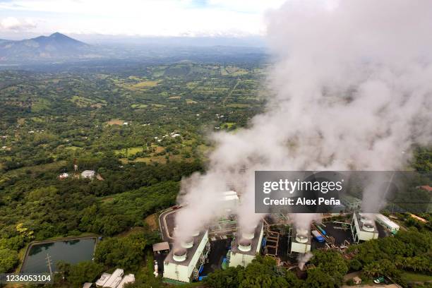 Aerial view of energy extraction at the La Geo Geothermal Power Plant on October 22, 2021 in Berlin, Usultan Department, El Salvador. After declaring...