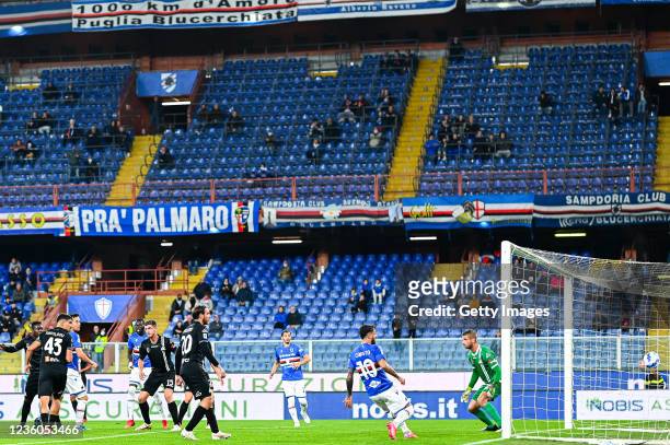 Maya Yoshida of Sampdoria tries to hit the ball as his team-mate Antonio Candreva scores a goal during the Serie A match between UC Sampdoria and...