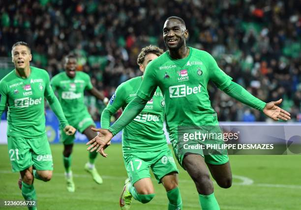 Saint-Etienne's midfielder Mickael Nade celebrates after he scored during the French L1 football match between AS Saint-Etienne and SCO Angers at the...