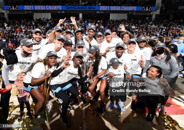 The Chicago Sky poses for a photo with the WNBA Championship Trophy after winning Game Four of the 2021 WNBA Finals on October 17, 2021 at the...