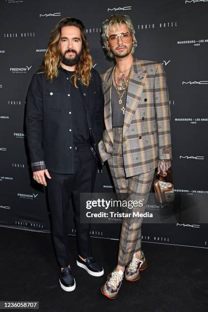 Tom Kaulitz and Bill Kaulitz attend the Tokio Hotel New Album Release Party on October 22, 2021 in Berlin, Germany.