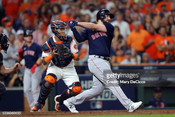 Travis Shaw of the Boston Red Sox bats in the seventh inning during Game 6 of the ALCS between the Boston Red Sox and the Houston Astros at Minute...