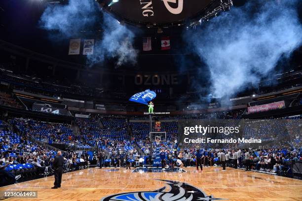 An overall view of the arena before the game between the New York Knicks and the Orlando Magic on October 22, 2021 at Amway Center in Orlando,...