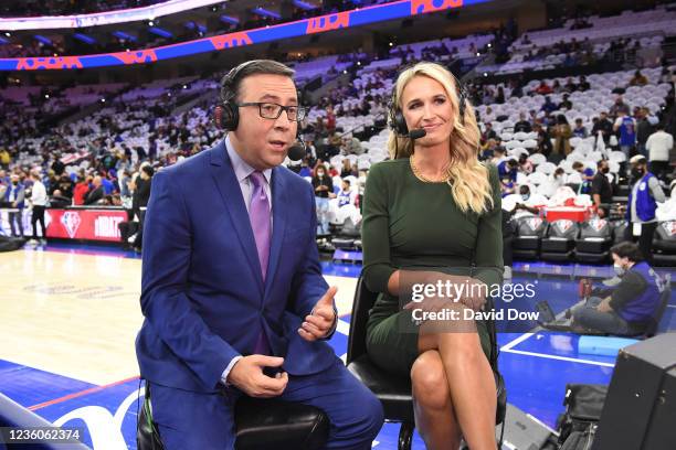 Commentators Ian Eagle and Sarah Kustok seen prior a game between the Brooklyn Nets and the Philadelphia 76ers on October 22, 2021 at Wells Fargo...