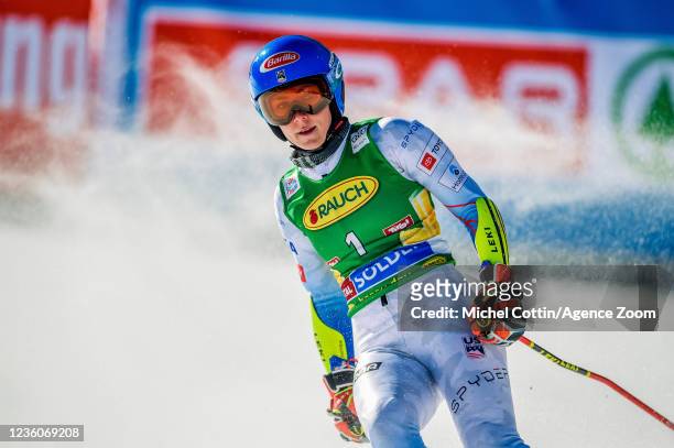 Mikaela Shiffrin of USA celebrates during the Audi FIS Alpine Ski World Cup Women's Giant Slalom on October 23, 2021 in Soelden, Austria.
