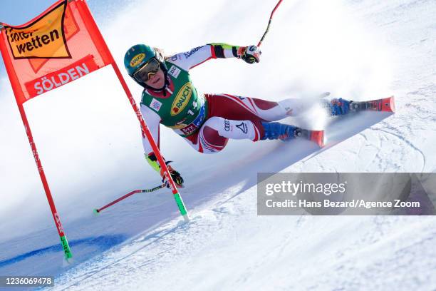 Katharina Liensberger of Austria competes during the Audi FIS Alpine Ski World Cup Women's Giant Slalom on October 23, 2021 in Soelden, Austria.