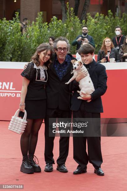 Nell Burton, Tim Burton, Billy-Ray Burton and dog Levi attend a Close Encounter red carpet during the 16th Rome Film Fest 2021 on October 23, 2021 in...